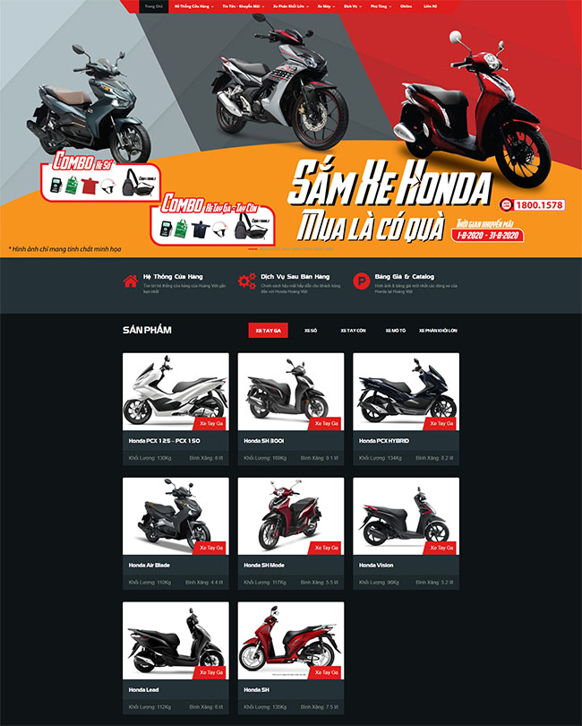 Chuyên mục sản phẩm trong thiết kế website bán xe máy