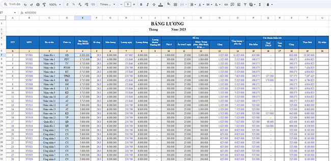 Bảng tính lương trên Excel